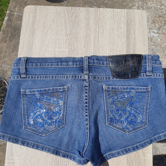 Ed Hardy Pants - Ed Hardy Blue Denim Jean Shorts with Rhinestone Pocket Embellishment